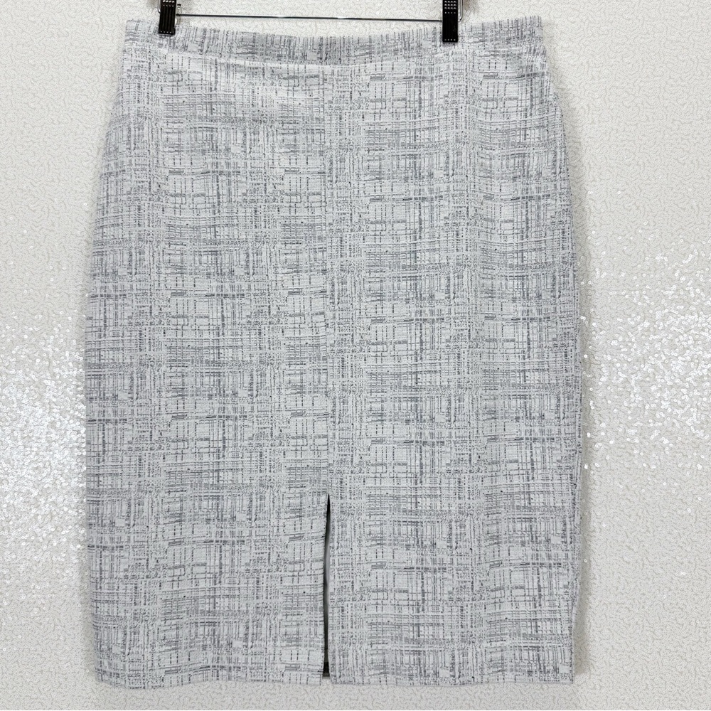 Ann Taylor Textured Tweed Pencil Skirt L Gray White Stretch Lined Front Slit NWT